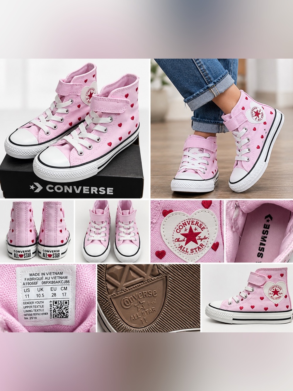 NEW Converse Chuck Taylor All Star Pink Heart High Top Sneakers Youth 11